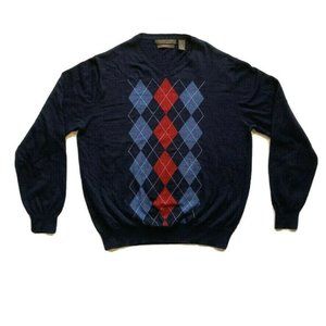 Sebastian Cooper‎ Cotton Cashmere Blend Argyle Sweater Modern Fit Knit V Neck XL
